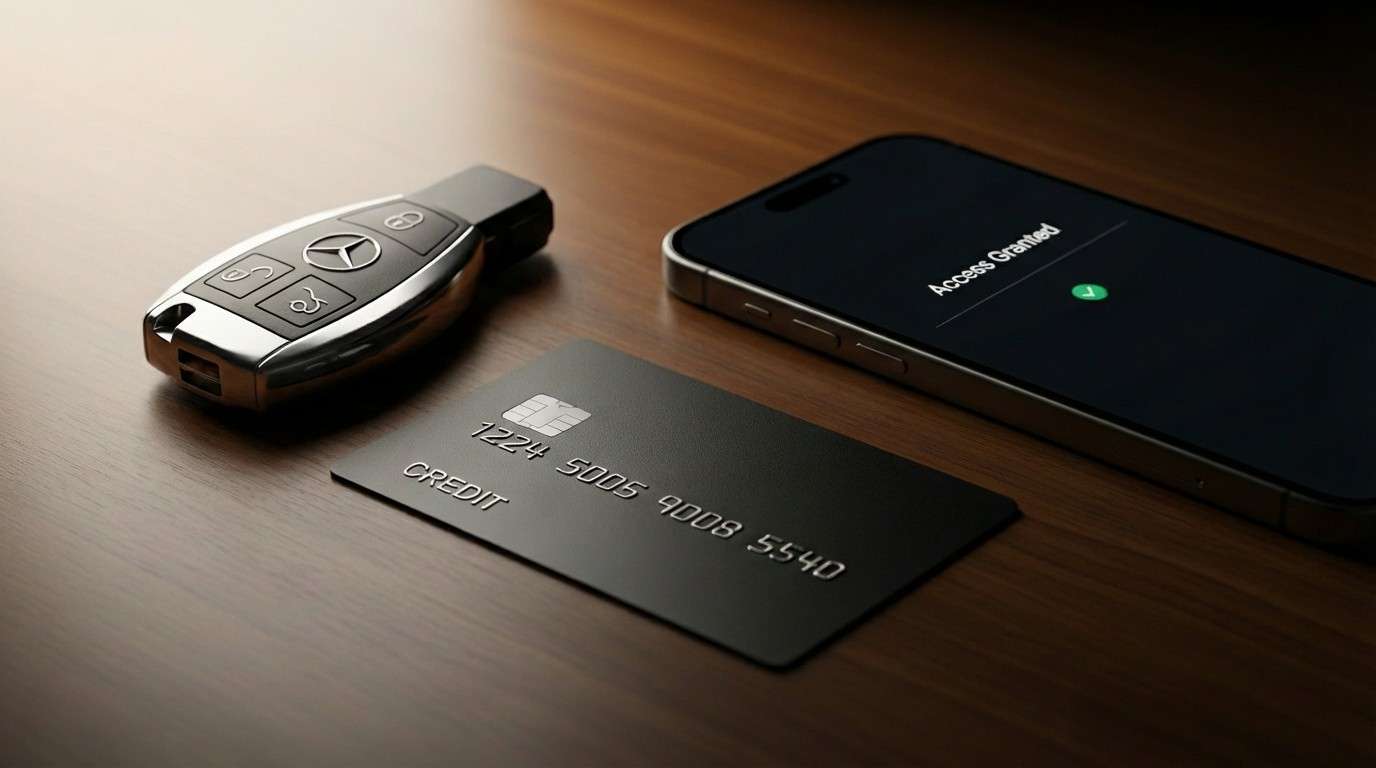 A premium black metal credit card and a smartphone on a dark wood table representing luxury financial access.